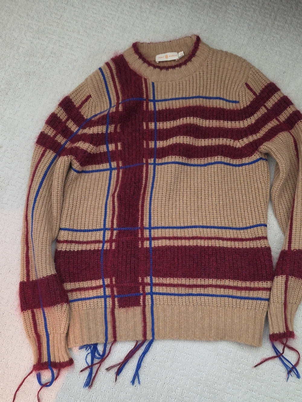 Tory Burch Womens Beige Plaid Crewneck Sweater with Burgundy & Blue Stripes